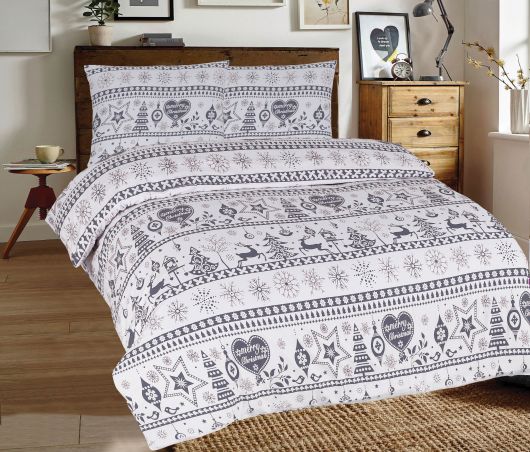 Predĺžené posteľné flanelové obliečky 140x220, 70x90cm VIANOCE sivé
