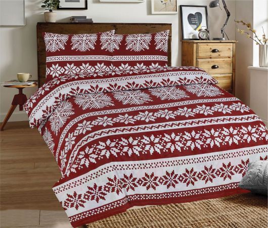 Predĺžené posteľné flanelové obliečky 140x220, 70x90cm VLOČKY bordó