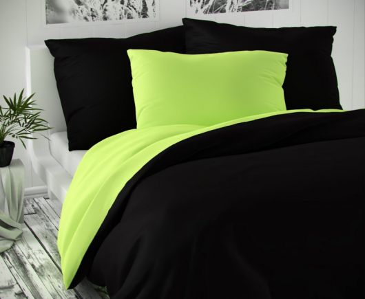 Saténové francúzske obliečky LUXURY COLLECTION čierne / svetlo zelené 1 + 2, 240x200, 70x90cm