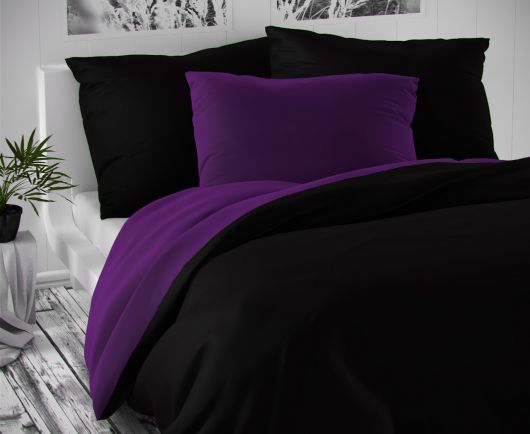 Saténové francúzske obliečky LUXURY COLLECTION čierne / tmavo fialové 1 + 2, 240x200, 70x90cm