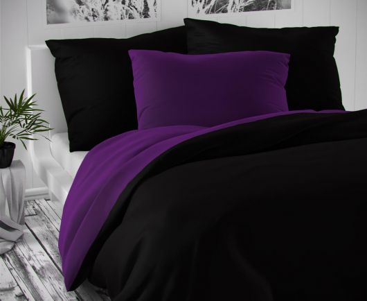 Saténové predľžené posteľné obliečky LUXURY COLLECTION čierne / tmavo fialove 140x220, 70x90cm